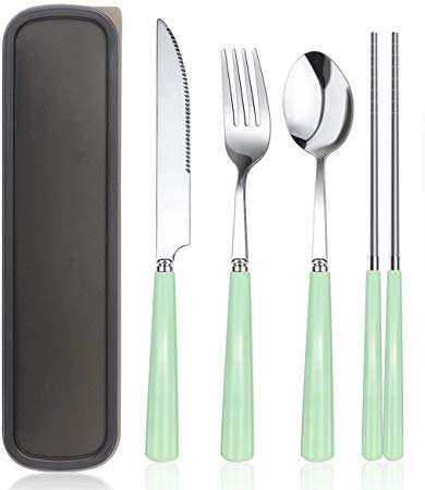 SEOBEAD Reusable Utensils Set with Case 4 Pieces Ceramics Handle Flatware Set Knife Fork Spoon Chopsticks for Travel Camping Office Lunch with Carry Case (Green)