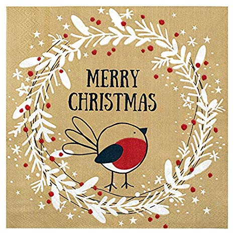 Christmas Napkins Paper Cute, Festive Wreath & Bird Print/Brown Recycled Napkins Decorative Disposable Holiday Dinner, Lunch/Luncheon, Buffet Brunch Rustic Xmas Party Decor