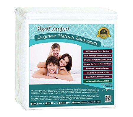 RestComfort Luxury Zippered Encasement Cotton Terry Top - Waterproof, Dust Mite Proof, Bed Bug Proof, Hypoallergenic Breathable Six Sided Mattress Protector (Twin XL, Stretches 9"-15" Depth)