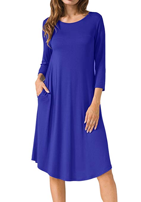 levaca Women's Summer Plain Short Sleeve Pockets Swing Casual Loose Midi Dress