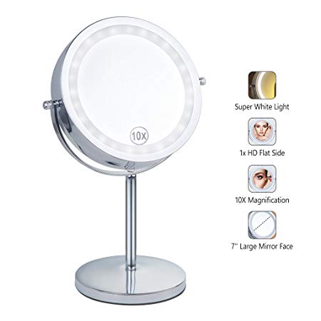 Benbilry Lighted Makeup mirror-LED Double Sided 1x/10x Magnification Round Standing Cosmetic Mirror,7 Inch Diameter Battery-Powered 360 Degree Swivel Rotation Vanity Mirror with On/Off Push-Button