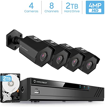 Amcrest 4MP Security Camera System, w/ 4K 8CH PoE NVR, (4) x 4-Megapixel 2.8mm Wide Angle Lens Weatherproof Metal Bullet POE IP Cameras, NV4108E-IP4M-1026EB4-2TB (Black)