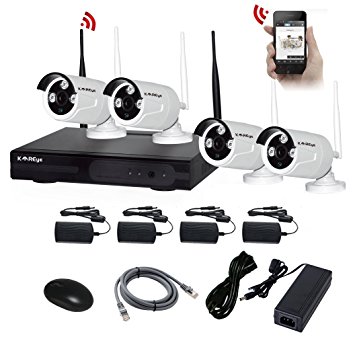 KAREye 720P 4CH NVR Kits Wireless IP Network Camera System Video Surveillance Kits with 4 of 720P Outdoor IR Bullet IP66 Camera,White