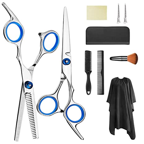 10 Pcs Hair Cutting Scissors Set CCFADD Professional Barber Scissors, Straight Scissors, Thinning Shears, Hair Comb, Clips, Barber Cape, Neck Duster brush