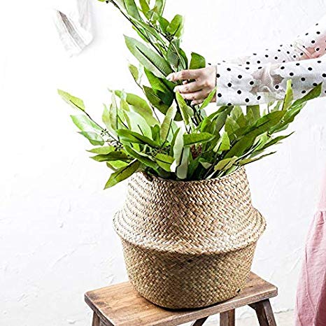 INVIKTUS Woven Seagrass Plant Basket for Storage Plant Laundry Picnic, Plant Pot Belly Basket Grocery Basket for Home Decor (L)