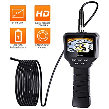 Inspection Camera, Volador 3 Million Pixels, 1080P Camera Resolution, 3 Inches IPS Color LCD Monitor Industrial Endoscope, 5.5mm Adjustable Light Handheld Borescope, IP67 Waterproof Endoscope Tube, 3M