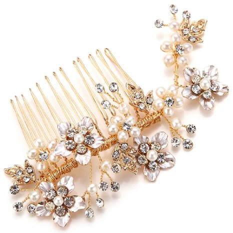 FAYBOX Bridal Gold Tone Simulated Pearl Rhinestone Flower Style Hair Side Comb Party Prom Wedding Accessories C