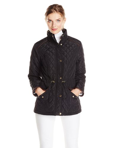 Jason Maxwell Womens Quilted Puffer Jacket with Faux-Leather Trim
