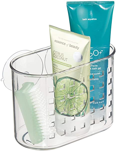 iDesign Plastic Suction Shower Caddy Basket for Shampoo, Conditioner, Soap, Creams, Towels, Razors, Loofahs in Master, Guest, Kid's Bathroom, 7.25" x 4.5" x 6.5", Clear