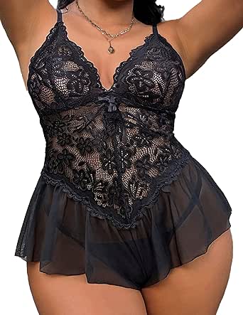 Avidlove Plus Size Lingerie for Women Lace Bodysuit One Piece Teddy Babydoll Mesh Chemise V Neck Sleepwear L-5XL