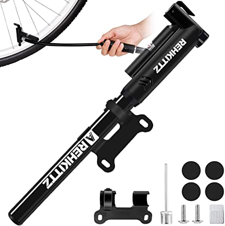 AMZOON Bike Pump Mini Bicycle Pump With Flexible Hose Save Energy & Easy Pumping, Fits Presta & Schrader Valve, Free Accessories-Ball Pump Needle/Glueless Patch Kit/Frame Mount