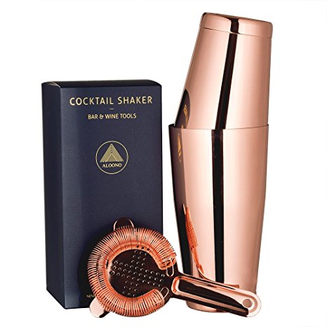 Boston Cocktail Shaker, 3-Piece Bar Set: 18oz & 28oz Weighted Cocktail Shakers and Hawthorne Cocktail Strainer, 18/8 Stainless Steel Cocktail Shaker Set with Recipes and Greeting Card – Copper
