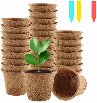 YBB 30 Pack Coco Coir Seed Starter Pots, 2.6 Inch Biodegradable Nursery Seedling Pots Germination Trays Kits with 60 Pcs Labels