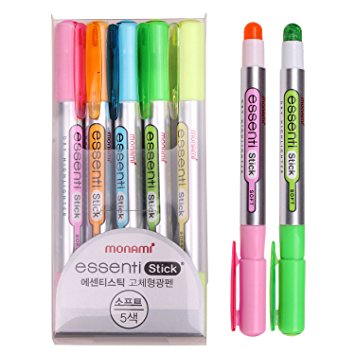 Monami Essenti Stick Soft Pastel Color Dry Highlighter Pen Marker 5 Color (Pack of 5 Pens)