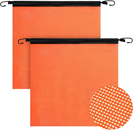 2 Pieces 18 x 18 Inch Hook Safety Warning Flag Mesh Safety Flag Warning Flag with Vinyl Welt and Bungee Cord for Truck and Pedestrian Crossings (Orange-red)