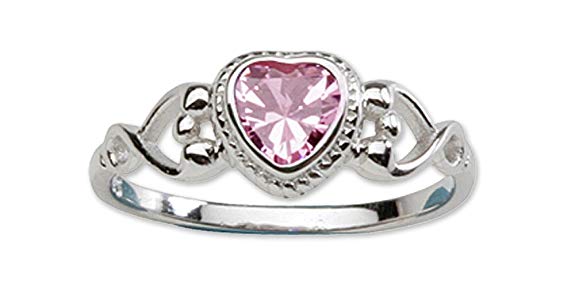 Sterling Silver Simulated CZ Birthstone Baby Ring with Heart for Little Girls