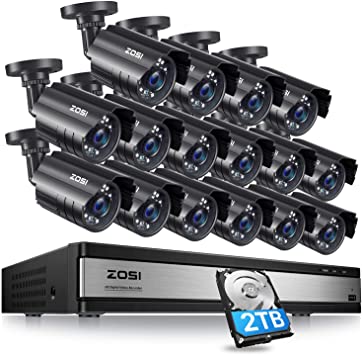 ZOSI H.265  1080p 16 Channel Security Camera System with Hard Drive 2TB,16CH 1080P HD-TVI CCTV DVR and 16 x Outdoor Indoor Surveillance Bullet Camera 1080p with Night Vision,Remote Control, Alert Push