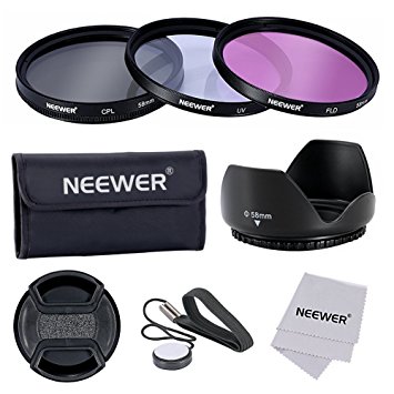 Neewer 58MM Lens Filter Accessory Kit for CANON: (3)UV/CPL/FLD Filter   (1)Tulip Lens Hood   (1)Snap-on Lens Cap   (1)Cap Keeper Leash   (1)Filter Carrying Pouch   (1)Microfiber Cleaning Cloth