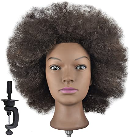 Afro Mannequin Head 100% Human Hair Hairdresser Training Head Manikin Cosmetology Doll Head (Table Clamp Stand Included)