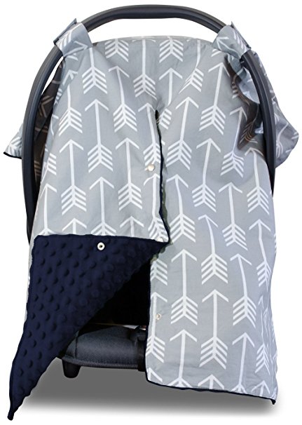 Premium Carseat Canopy Cover and Nursing Cover- Large Arrow Pattern w/ Dark Navy Minky | Best Infant Car Seat Canopy, Boy or Girl | Cool/ Warm Weather Cover | Baby Shower Gift for Breastfeeding Moms