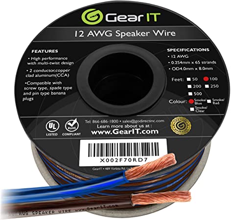 GearIT Pro Series 12AWG Speaker Wire, 12 Gauge Speaker Wire Cable (100 Feet / 30 Meters) Great Use for Home Theater Speakers and Car Speakers, Transparent Black/Blue