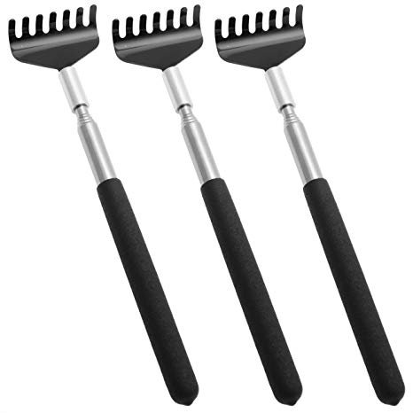 3X UNIS High Quality Telescopic Stainless Steel Back Scratcher with Comfortable Color Grip. (Black 3 Pack)