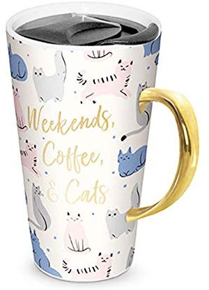 Lady Jane 13oz Spill Proof Ceramic Coffee Travel Mug with Lid Series (Weekends, Coffee & Cats)