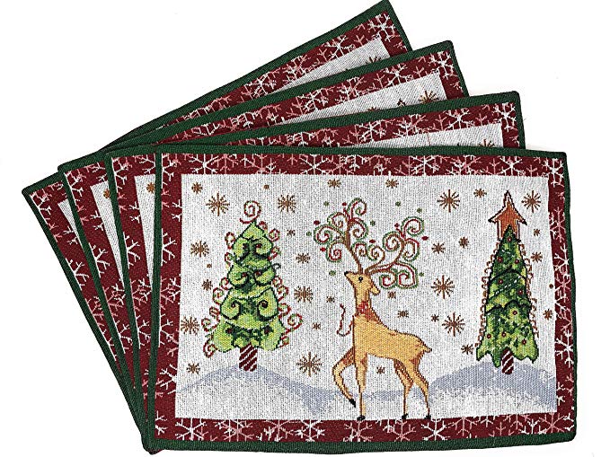 Tache Winter Forest Reindeer Antique Vintage Christmas Eve White Snowflakes Holiday Season Decorative Woven Tapestry Placemats, 13x19”
