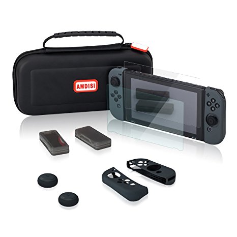 Nintendo Switch Case,with Tempered Glass Screen Protector,Silicone Joy Con Gel Guards with Thumb Grips Caps, AMDISI All in One Nintedo Switch Accessories Set(Black)