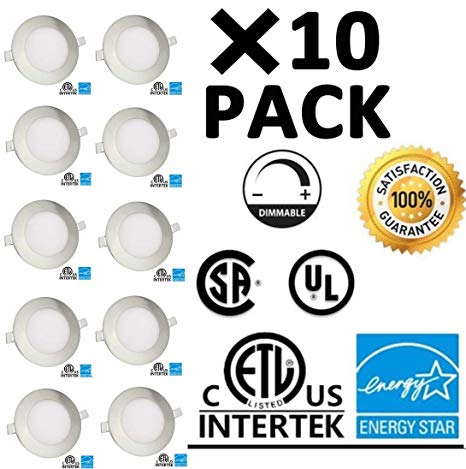 SPL Brushed Nickel 4 Inch LED recessed Slim Pot Light 9W 750 Lumen, IC-Rated Slim Downlight Ceiling Light with Junction Box, Dimmable ETL Energy Star CSA Approved (10 Pack) (4000K Clear White)