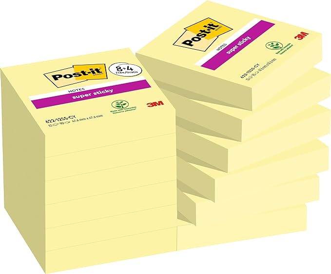 Post-it Super Sticky Notes Canary Yellow, Pack of 8   4 FREE Pads, 90 Sheets per Pad, 47.6 mm x 47.6 mm, Yellow Color - Extra Sticky Notes For Note Taking, To Do Lists & Reminders