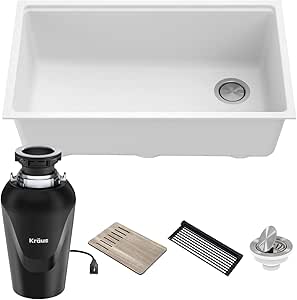 KRAUS Bellucci Workstation 32 in. Undermount Granite Composite Single Bowl Kitchen Sink in White with Accessories with WasteGuard™ Continuous Feed Garbage Disposal, KGUW1-33WH-100-75MB