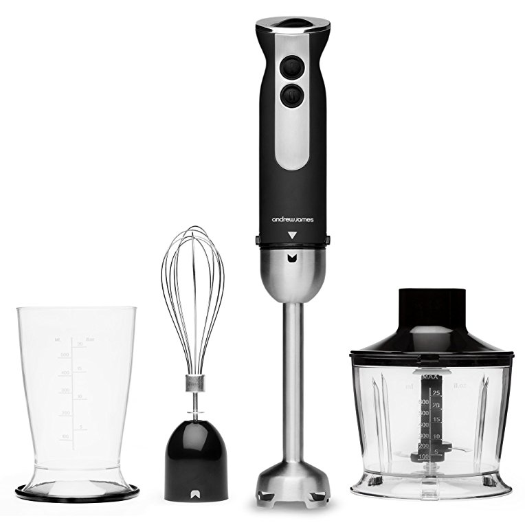 Andrew James Hand Blender and Processor in Black, 1000W, with 600ml Food Processor Bowl and 500ml Beaker Attachment