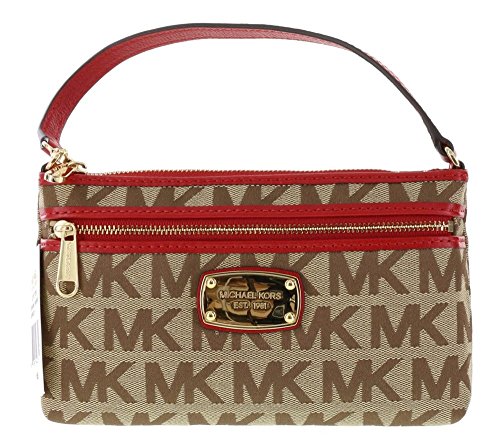 Michael Kors Jacquard Jet Set Item Large Wristlet Purse Clutch Handbag in Beige/Ebony/Red