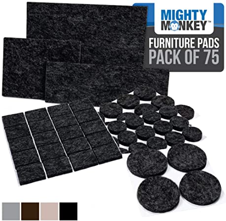 MIGHTY MONKEY Felt Furniture Gripper Pads, 75 Pack, Easy Glide, Stays on Furniture, Pad Prevents Scratches on Floors, Prescored Adhesive Strips Secure to Furniture, Heavy Duty, Protects Floor, Black