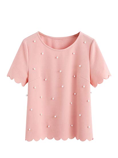 Romwe Women's Scalloped Pearl Embellished Short Sleeve Textured Blouse Top