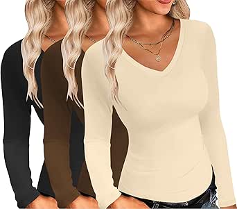 Ekouaer Womens 3 Pack Long Sleeve Shirts V Neck Slim Fit Lightweight Layer Tops 2024 Fall Clothes Thermal Undershirts