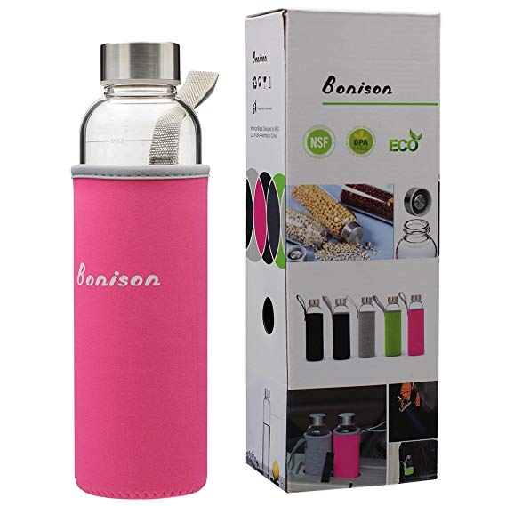 Bonison 18.5 Ounces Stylish Environmental Borosilicate Glass Water Bottle with Colorful Protective Nylon Sleeve, Small Mouth, BPA-Free, Reusable and Extra Thick Base