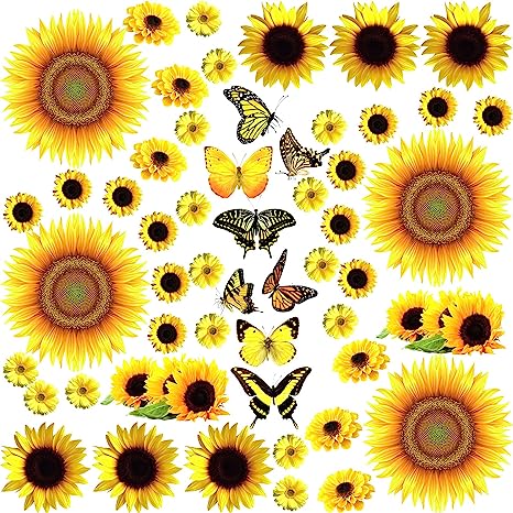 53 Pcs Sunflower Daisy Wall Decals Butterfly Wall Stickers, Waterproof Sunflower Decals, Sunflower Wall Decor, Flower Mural Stickers for Bathroom Room (Medium)