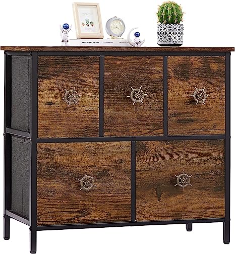 VECELO Bedroom with 5 Chest of Drawers for Living Room, Nursery, Entryway, Fabric Furniture Clothes Storage Tower with Steel, Wood Top, Small Dresser, Brown