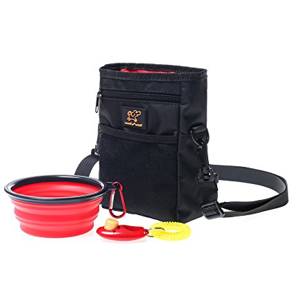WoofWoof Dog Treat Training Pouch Bag -Collapsible Travel Food Water Dog Bowl - Free Doggie Clicker