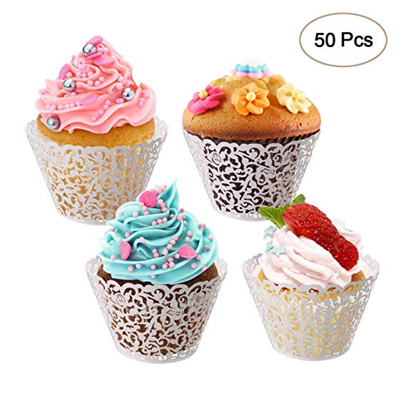 LEADSTAR Cupcake Wrappers 50 Pieces Lace Cut Liner Cupcake Muffin Paper Holders for Wedding Birthday Party Decoration