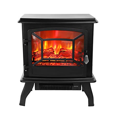 ROVSUN 20" H Electric Fireplace Stove Space Heater 1400W Portable Freestanding with Thermostat,Realistic Flame Logs Vintage Design for Corners, 17" L x 9" W x 20" H CSA Approved, 110V