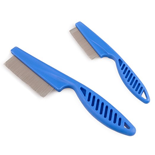 Zelta Pet Grooming Tool Flea Removal Comb Zinc Alloy Tightly Spaced Teeth with Non-slip ABS Plastic Handle (Blue, 2 Pieces)