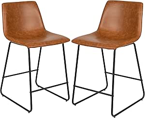 Flash Furniture Reagan 24" LeatherSoft Counter Height Stools with Footrest, Mid-Century Modern Bucket Style Dining Chairs, Set of 2, Light Brown