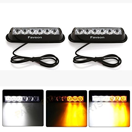 Favson 6 LED Strobe Lights for Trucks Cars Van with Super Bright White&Yellow Emergency Flasher(2 pcs)