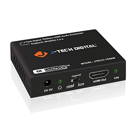 J-Tech Digital 18Gbps Digital/Analog Audio HDMI Embedder Inserter Support 4K@60Hz 4:4:4 HDR CEC HDCP2.2/1.4 with TOSLINK Optical 3.5mm Audio Input Options [JTECH-18GAE]