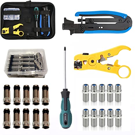 Gaobige Coax Cable Crimper Tool Kit, Coaxial Compression Tool for rg6 rg59 rg11 with 1 Wire Stripper, 10pcs F Male rg6 Connectors And 10pcs Female to Female rg6 Connectors, 1 Screwdriver