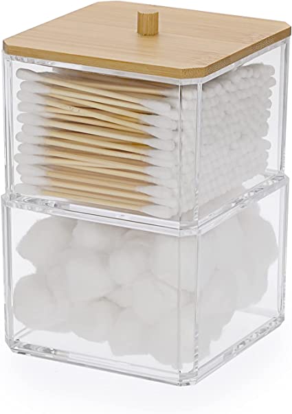 Hipiwe Clear Q-tip Dispenser Holder Acrylic Bathroom Containers 2-Tier Square Apothecary Jar with Lid Canister Cotton Swab and Ball Holder Vanity Storage Organizer for Cotton Round,Cotton Pads, Floss