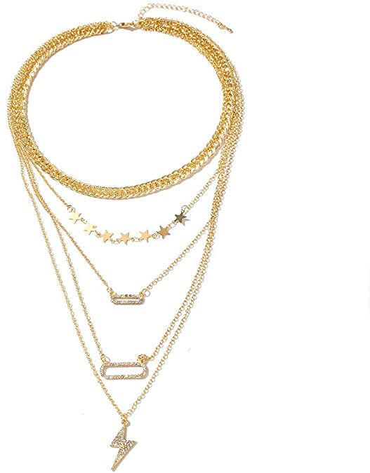 Gold Tone 5 Strands Shining Rhinestone Star Lighting Geometric Layering Statement Necklace Choker Collar Necklace for Women Girls